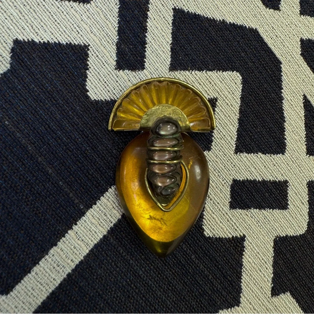 Fabrice Paris Signed Rare Vintage Amber Resin Lucite Brooch Pin Modernistic